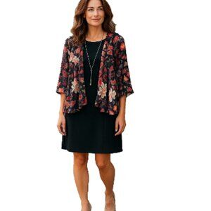 Women's black sheath dress size L w/ attached sheer floral jacket and necklace